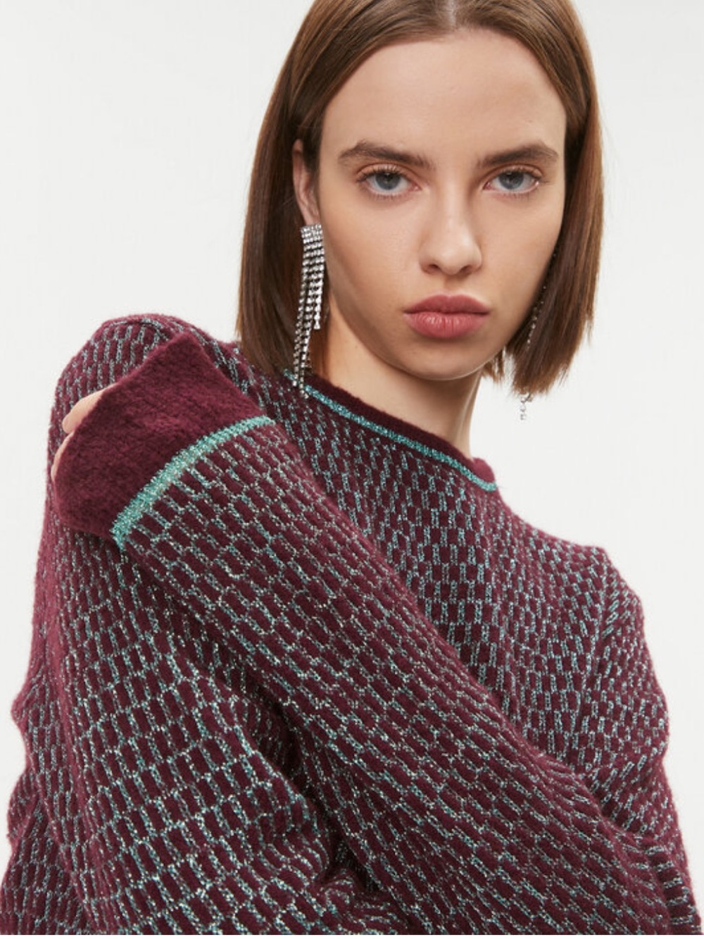 PINKO Maroon Knit Pattern Crewneck Sweater with Aqua Accents